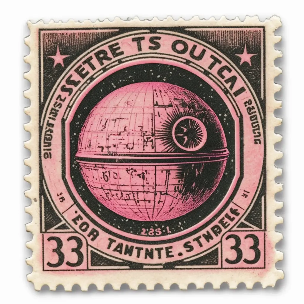 vintage, United States Postage Stamp, 3 cent stamp, Propoganda, Death Star, pink ink, line engraving, intaglio